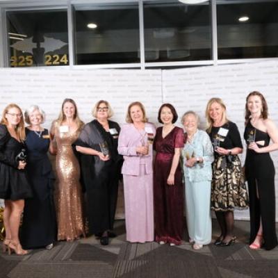 (From left) Kristin Fadale, Diane Raines, Robyn Reaves, Linda Walton, Marilyn “MiMi” McKenna, FSU College of Nursing Dean Jing Wang, Julia Pallentino, Patricia Trevathan, Brittany Lord.